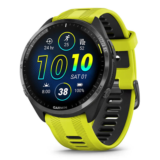 Garmin Forerunner 965 - Carbon Gray DLC Titanium Bezel with Black Case and Amp Yellow/Black Silicone Band | 010-02809-02