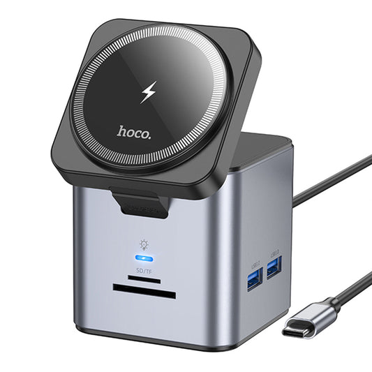 Hoco HB49 - 9in1 Magnetic Wireless Fast Charging Station – PD100W Type-C to HDMI, PD, USB3.0, SD, TF, RJ45, and Wireless Charging - Metal Gray