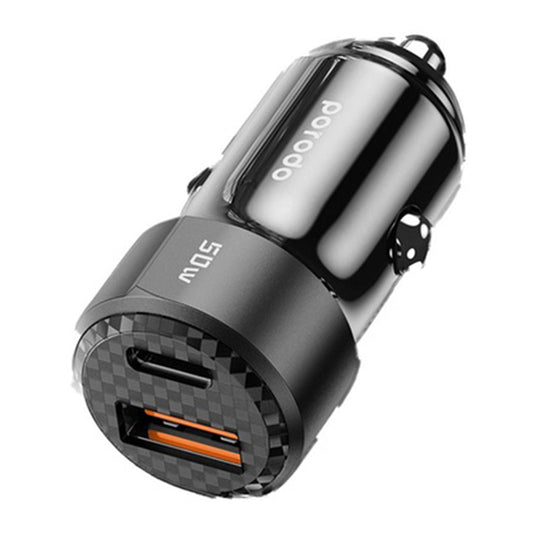 Porodo 50W Dual Port Car Charger PD 20W QC 30W with C to L Cable - Black