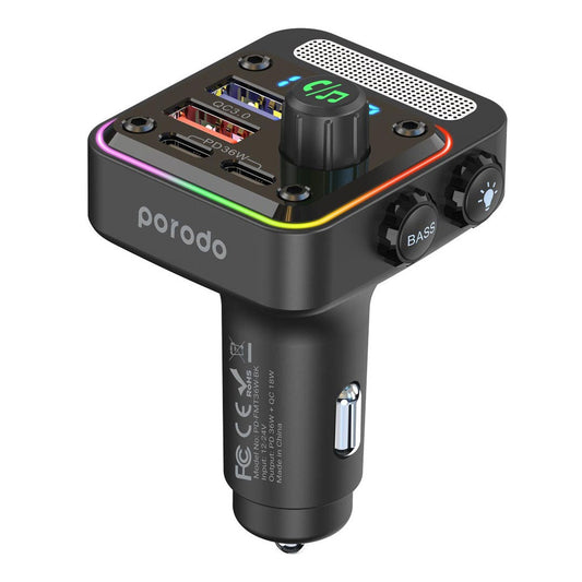 Porodo Quick-Charge FM Car Charger ( Dual USB-C & USB-A ) PD 36W - Black