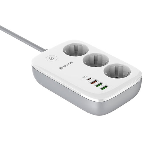 Tellur Smart WiFi Power Strip with 3 Outlets, PD30W, QC18W, 2xUSB 2.4A, 2500W, 10A, 2m Cable - White