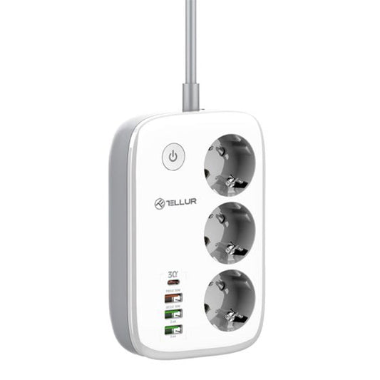 Tellur Smart WiFi Power Strip, 3 Outlets, PD30W, QC18W, 2xUSB 2.4A, 2500W, 10A, 2m