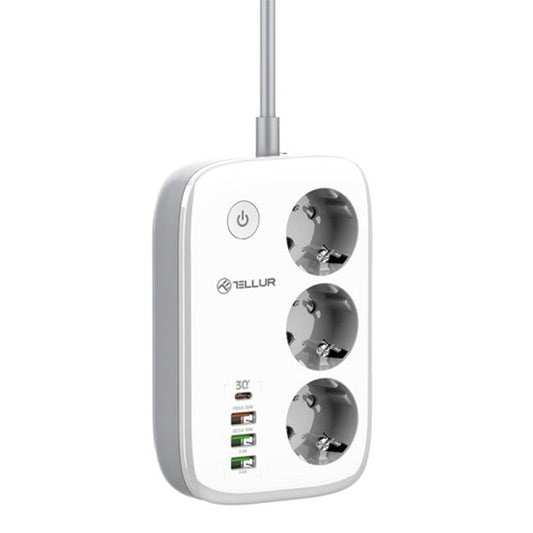 Tellur Smart WiFi Power Strip with 3 Outlets, PD30W, QC18W, 2xUSB 2.4A, 2500W, 10A, 2m Cable - White