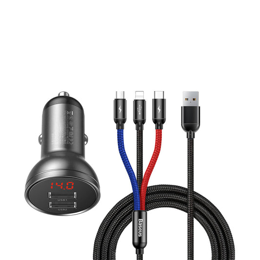 Baseus Car Charger Dual USB 4.8A 24W  With 3in1 Cable 1m - TZCCBX-0G